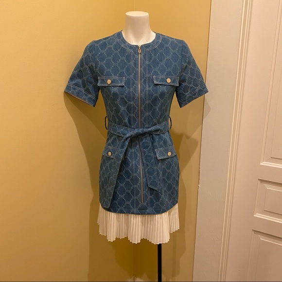 Jacquard Denim Pleated Hem Coat Dress 